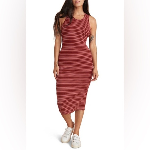 Marine Layer Medium Lexi Rib Daytime Midi Dress in Ruby Wine Multi Stripe - Picture 1 of 11